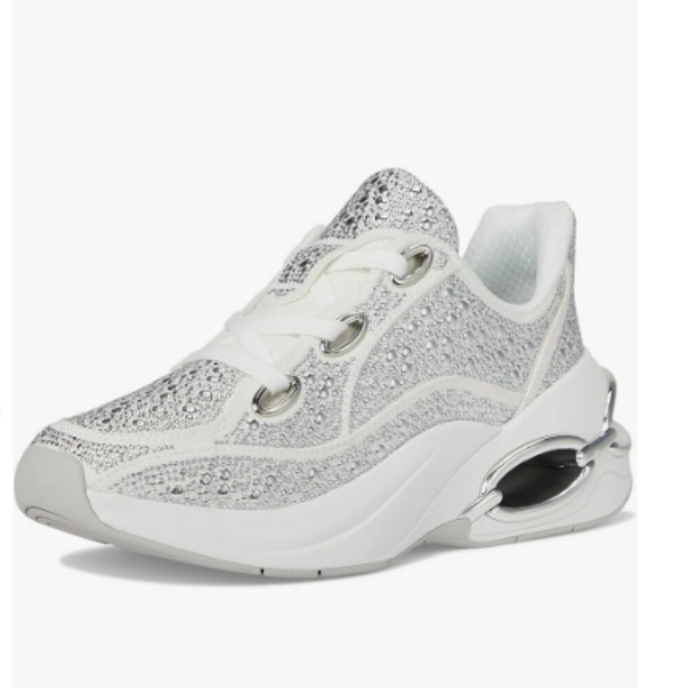 MICHAEL Michael Kors Toni Embellished Linen Blend Trainer -Optical White -Size 7